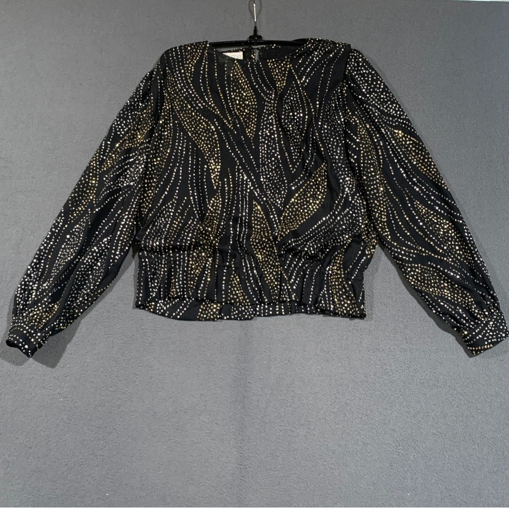 Fortina NYE Blouse Womens M Black Gold Silver Glitter Peplum Waist Party Vintage